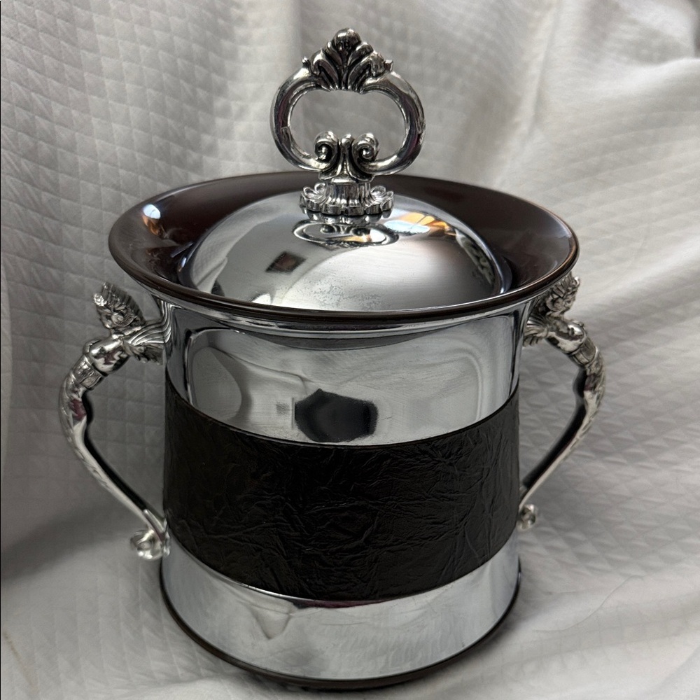 Vintage Faux Silver & Faux Leather-Wrapped Ice Bucket. Made in Japan. Like New